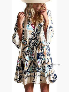 Flowy Ruffle 3/4 Sleeve V Neck Tiered Babydoll Boho Mini Dress